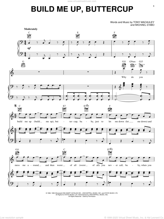 Build Me Up, Buttercup sheet music for voice, piano or guitar by The Foundations and Tony McCauley, intermediate skill level