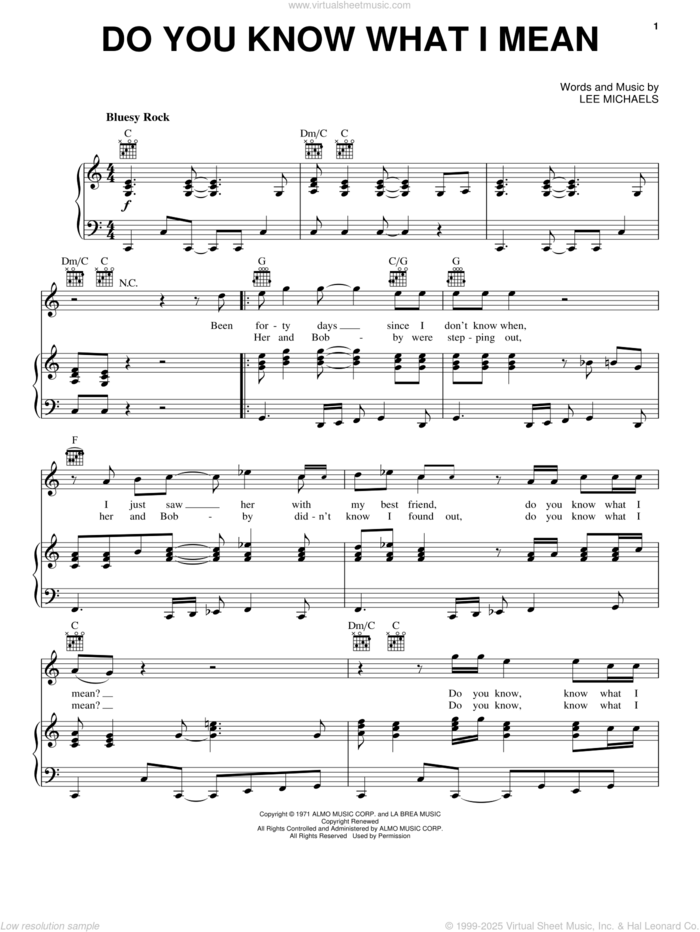 Do You Know What I Mean sheet music for voice, piano or guitar by Lee Michaels, intermediate skill level