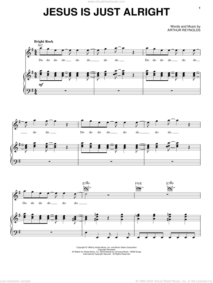 Jesus Is Just Alright sheet music for voice, piano or guitar by The Doobie Brothers and Arthur Reynolds, intermediate skill level