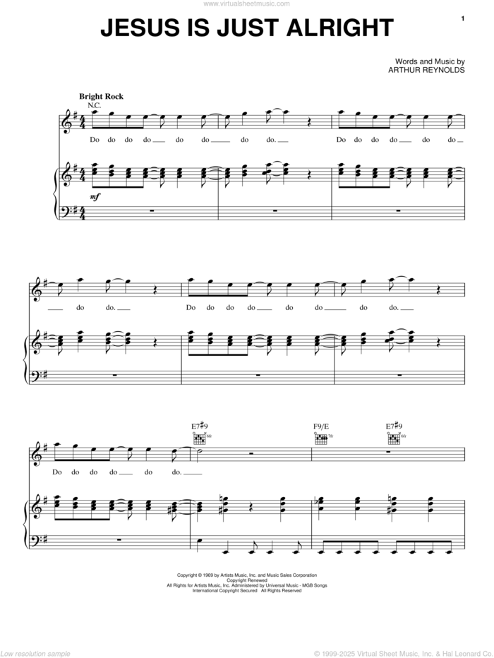 Jesus Is Just Alright sheet music for voice, piano or guitar by The Doobie Brothers and Arthur Reynolds, intermediate skill level