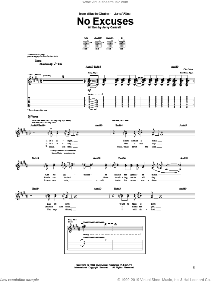 No Excuses sheet music for guitar (tablature) by Alice In Chains and Jerry Cantrell, intermediate skill level