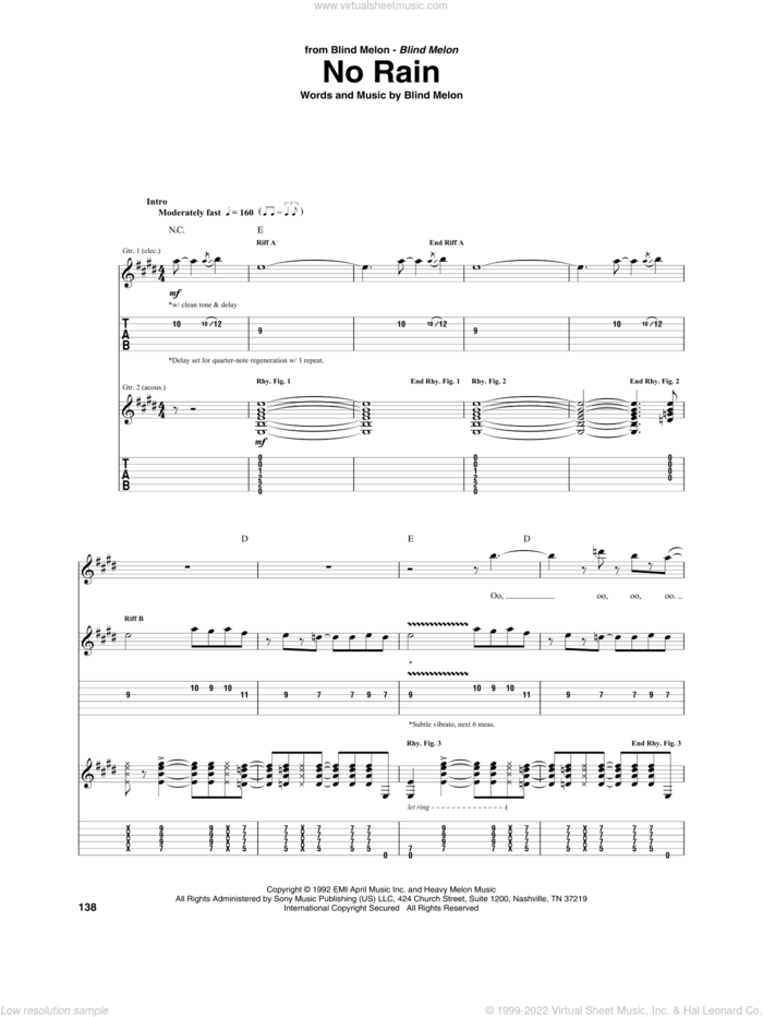 No Rain sheet music for guitar (tablature) by Blind Melon, intermediate skill level