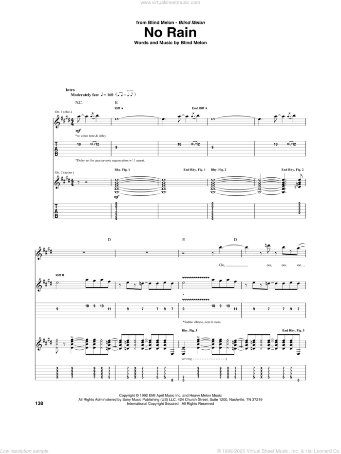 No Rain sheet music for guitar (tablature) by Blind Melon, intermediate skill level