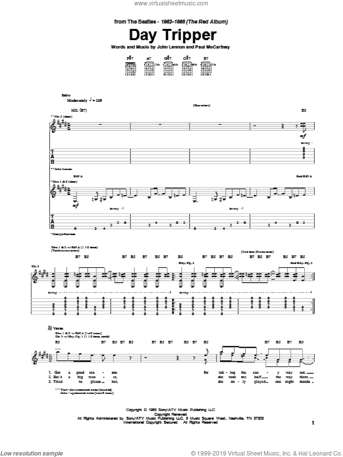 Day Tripper sheet music for guitar (tablature) by The Beatles, John Lennon and Paul McCartney, intermediate skill level