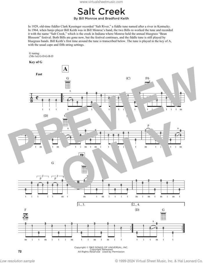 Salt Creek (arr. Fred Sokolow) sheet music for banjo solo by Bill Monroe, Fred Sokolow and Bradford Keith, intermediate skill level