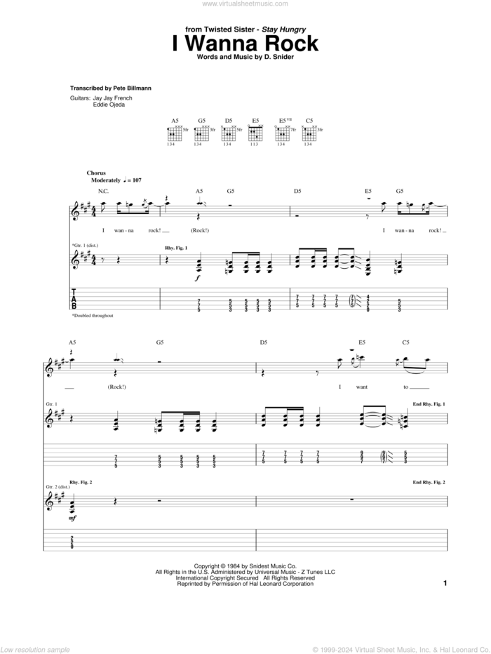 I Wanna Rock sheet music for guitar (tablature) by Twisted Sister and Dee Snider, intermediate skill level
