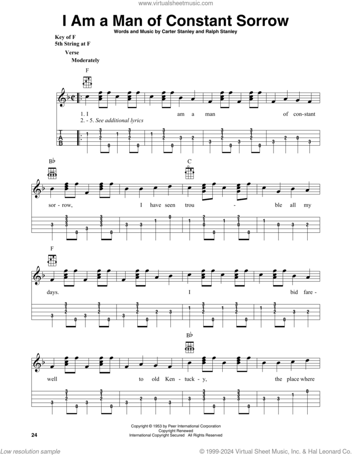 I Am A Man Of Constant Sorrow (arr. Fred Sokolow) sheet music for banjo solo by The Soggy Bottom Boys, Fred Sokolow, Carter Stanley and Ralph Stanley, intermediate skill level