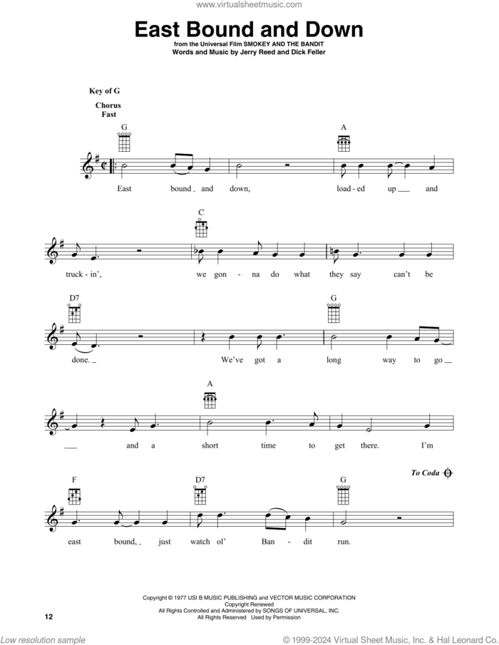 East Bound And Down (arr. Fred Sokolow) sheet music for banjo solo by Jerry Reed, Fred Sokolow and Dick Feller, intermediate skill level