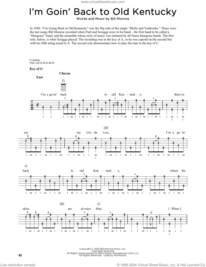 I'm Goin' Back To Old Kentucky (arr. Fred Sokolow) sheet music for banjo solo by Bill Monroe and Fred Sokolow, intermediate skill level