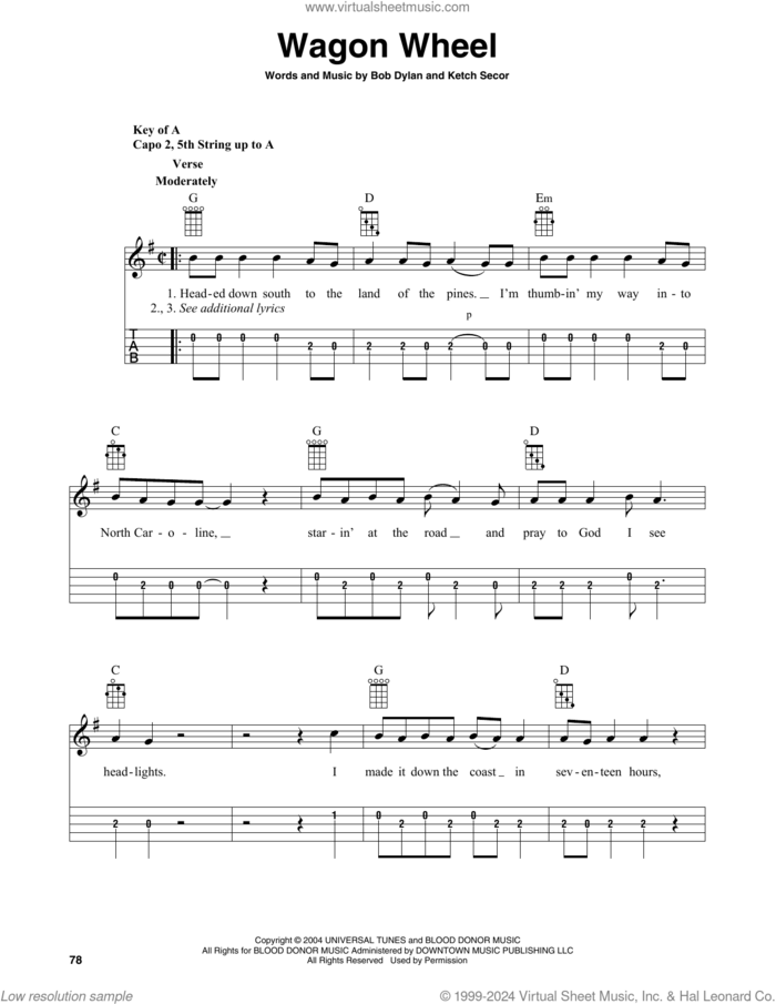 Wagon Wheel (arr. Fred Sokolow) sheet music for banjo solo by Old Crow Medicine Show, Fred Sokolow, Bob Dylan and Ketch Secor, intermediate skill level