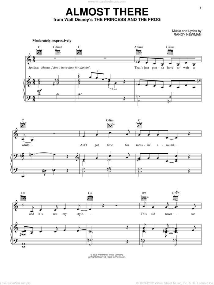 Almost There (from The Princess and the Frog) sheet music for voice, piano or guitar by Anika Noni Rose, The Princess And The Frog (Movie) and Randy Newman, intermediate skill level