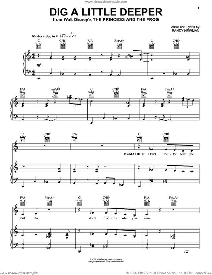 Dig A Little Deeper sheet music for voice, piano or guitar by Randy Newman, Jennifer Lewis and The Princess And The Frog (Movie), intermediate skill level