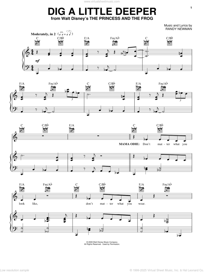 Dig A Little Deeper sheet music for voice, piano or guitar by Randy Newman, Jennifer Lewis and The Princess And The Frog (Movie), intermediate skill level