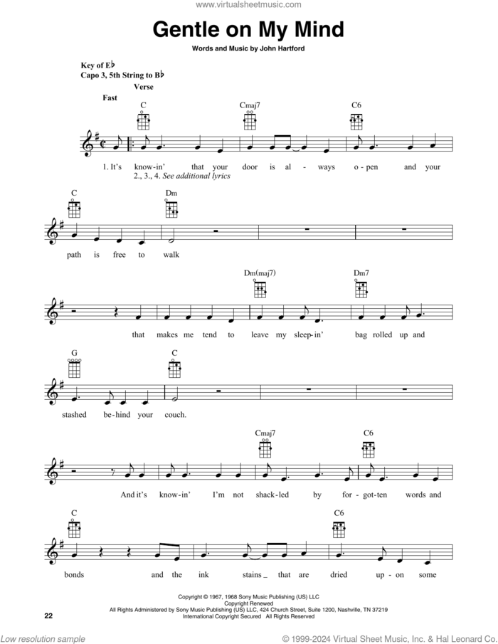 Gentle On My Mind (arr. Fred Sokolow) sheet music for banjo solo by Glen Campbell, Fred Sokolow and John Hartford, intermediate skill level