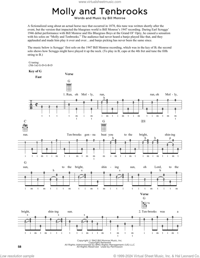 Molly And Tenbrooks (arr. Fred Sokolow) sheet music for banjo solo by Bill Monroe and Fred Sokolow, intermediate skill level
