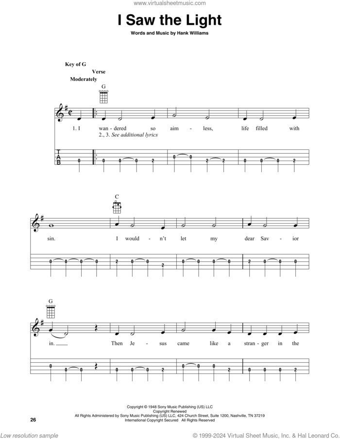 I Saw The Light (arr. Fred Sokolow) sheet music for banjo solo by Hank Williams and Fred Sokolow, intermediate skill level