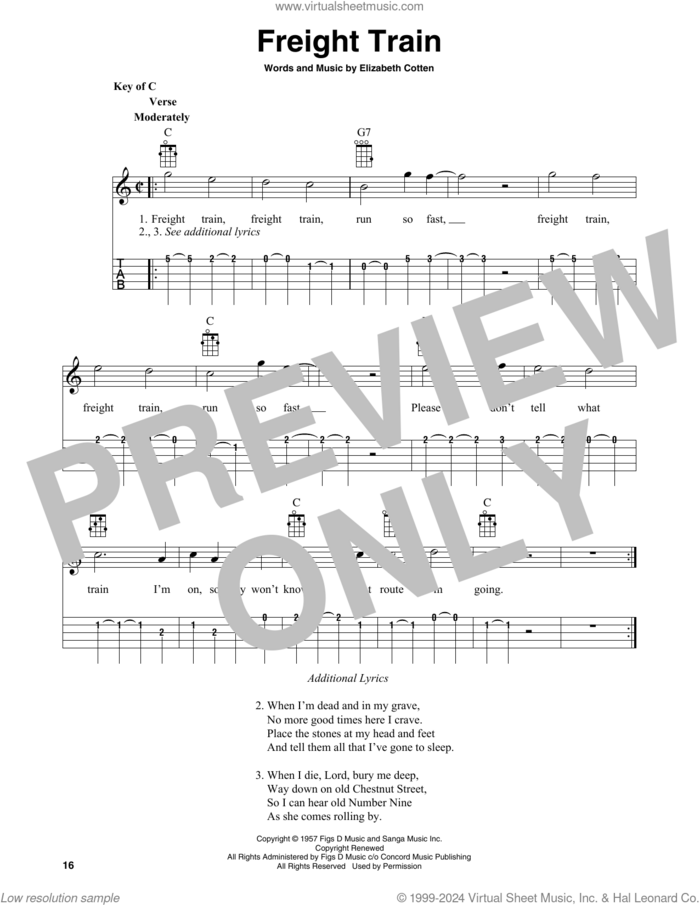 Freight Train (arr. Fred Sokolow) sheet music for banjo solo by Elizabeth Cotten and Fred Sokolow, intermediate skill level