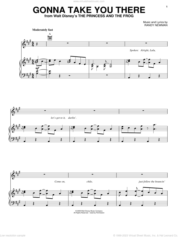 Gonna Take You There sheet music for voice, piano or guitar by Jim Cummings, The Princess And The Frog (Movie) and Randy Newman, intermediate skill level