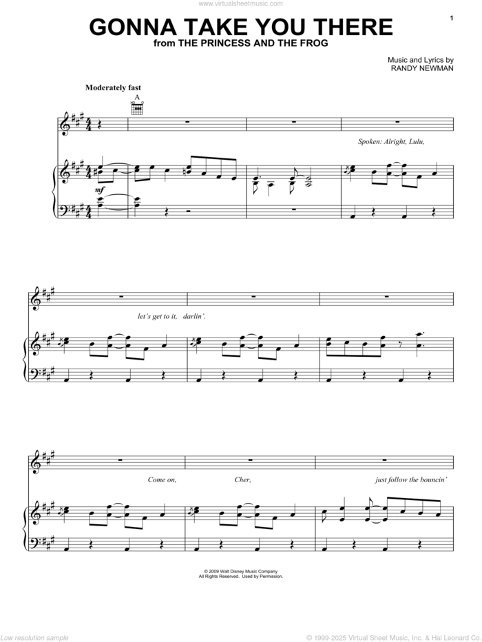 Gonna Take You There sheet music for voice, piano or guitar by Jim Cummings, The Princess And The Frog (Movie) and Randy Newman, intermediate skill level