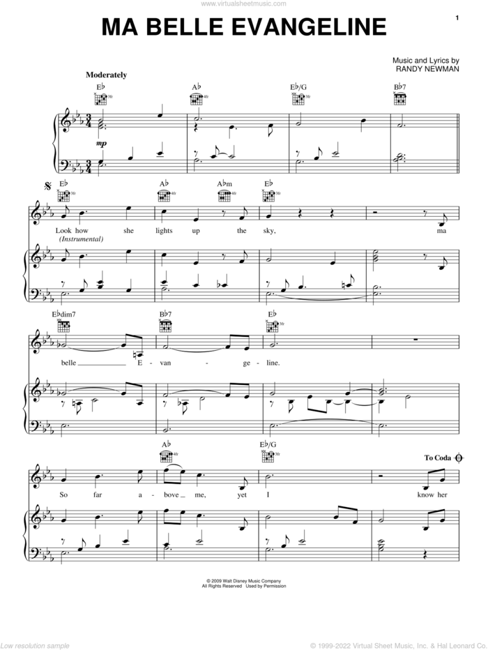 Ma Belle Evangeline sheet music for voice, piano or guitar by Jim Cummings, The Princess And The Frog (Movie) and Randy Newman, intermediate skill level