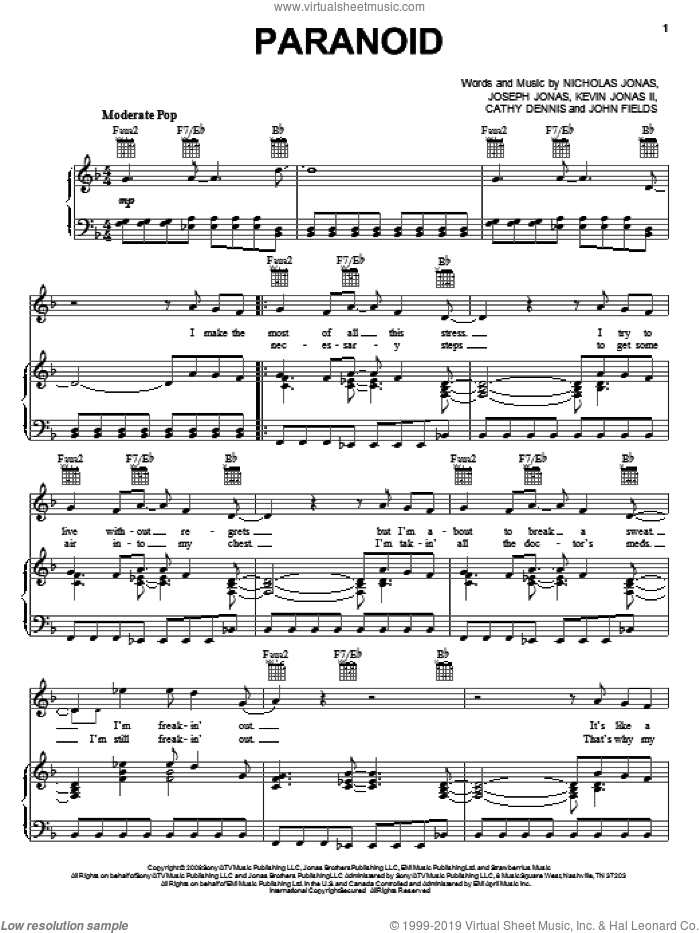 Paranoid sheet music for voice, piano or guitar by Jonas Brothers, Cathy Dennis, John Fields, Joseph Jonas, Kevin Jonas II and Nicholas Jonas, intermediate skill level