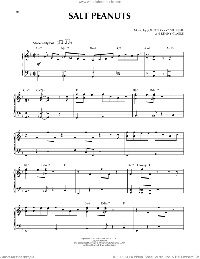Salt Peanuts sheet music for piano solo by Dizzy Gillespie and Kenny Clarke, intermediate skill level