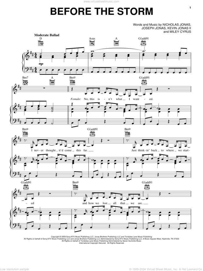 Before The Storm sheet music for voice, piano or guitar by Jonas Brothers featuring Miley Cyrus, Jonas Brothers, Joseph Jonas, Kevin Jonas II, Miley Cyrus and Nicholas Jonas, intermediate skill level