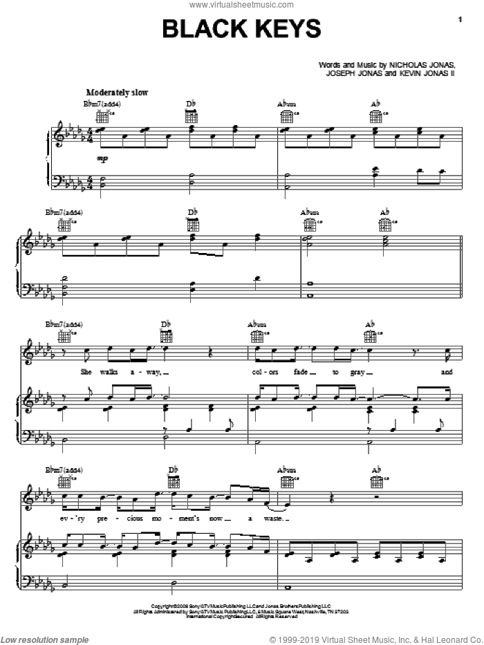 Black Keys sheet music for voice, piano or guitar by Jonas Brothers, Joseph Jonas, Kevin Jonas II and Nicholas Jonas, intermediate skill level