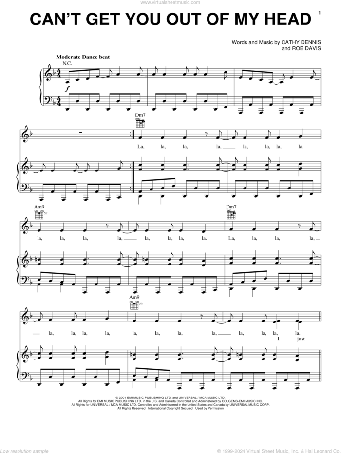 Can't Get You Out Of My Head sheet music for voice, piano or guitar by Kylie Minogue, Cathy Dennis and Rob Davis, intermediate skill level