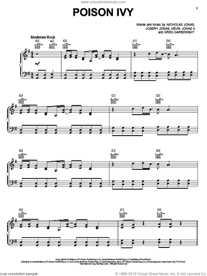 Poison Ivy sheet music for voice, piano or guitar by Jonas Brothers, Greg Garbowsky, Joseph Jonas, Kevin Jonas II and Nicholas Jonas, intermediate skill level