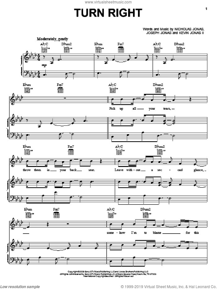 Turn Right sheet music for voice, piano or guitar by Jonas Brothers, Joseph Jonas, Kevin Jonas II and Nicholas Jonas, intermediate skill level