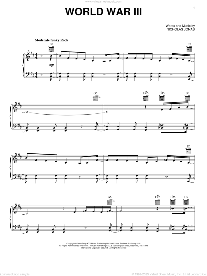 World War III sheet music for voice, piano or guitar by Jonas Brothers and Nicholas Jonas, intermediate skill level