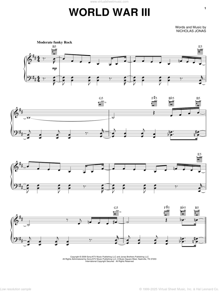 World War III sheet music for voice, piano or guitar by Jonas Brothers and Nicholas Jonas, intermediate skill level