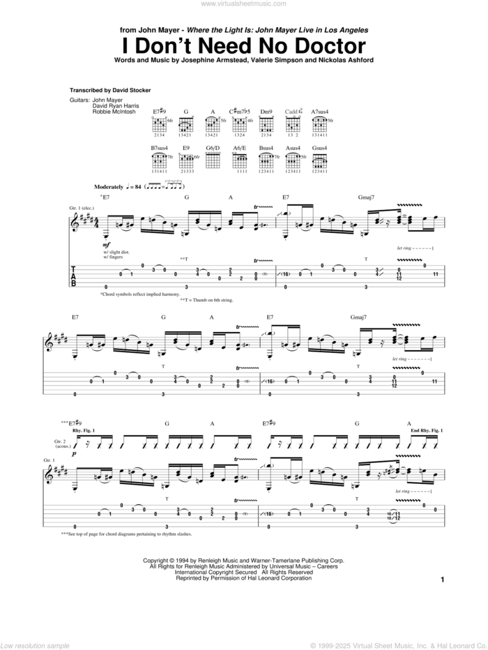 I Don't Need No Doctor sheet music for guitar (tablature) by John Mayer, Ashford & Simpson, Josephine Armstead, Nickolas Ashford and Valerie Simpson, intermediate skill level