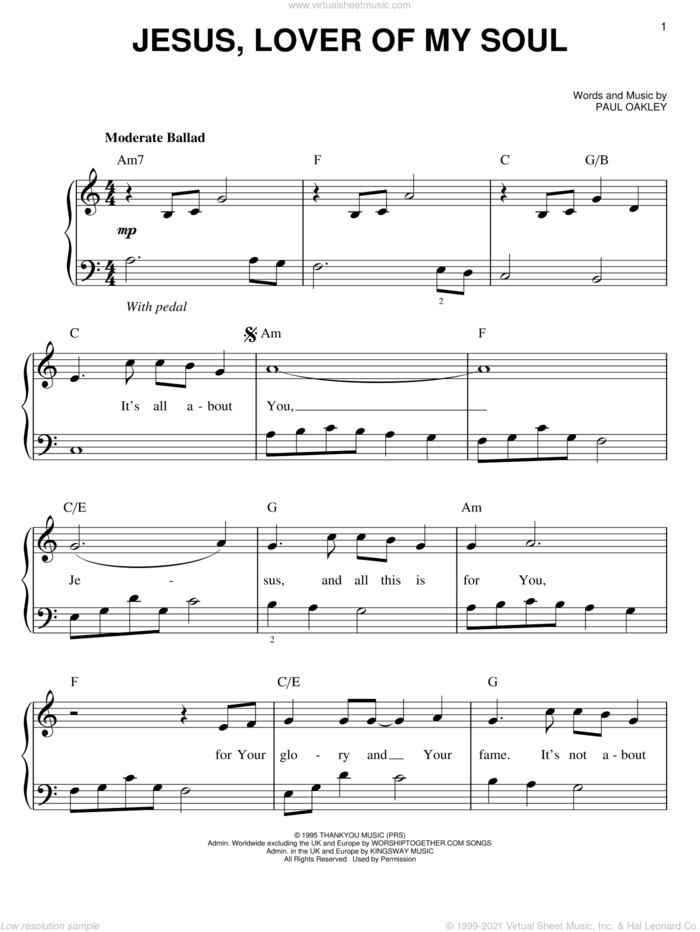 Jesus, Lover Of My Soul sheet music for piano solo by Passion Band and Paul Oakley, easy skill level