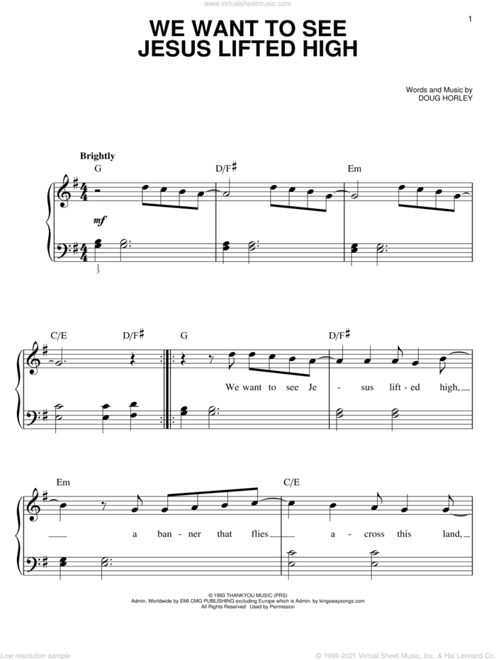 We Want To See Jesus Lifted High sheet music for piano solo by Noel Richards and Doug Horley, easy skill level