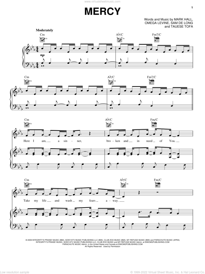 Mercy sheet music for voice, piano or guitar by Casting Crowns, Mark Hall, Omega Levine, Sam de Long and Tauese Tofa, intermediate skill level