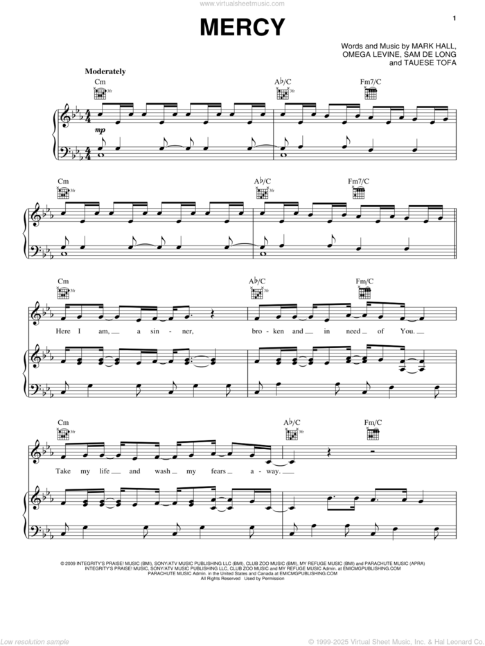 Mercy sheet music for voice, piano or guitar by Casting Crowns, Mark Hall, Omega Levine, Sam de Long and Tauese Tofa, intermediate skill level