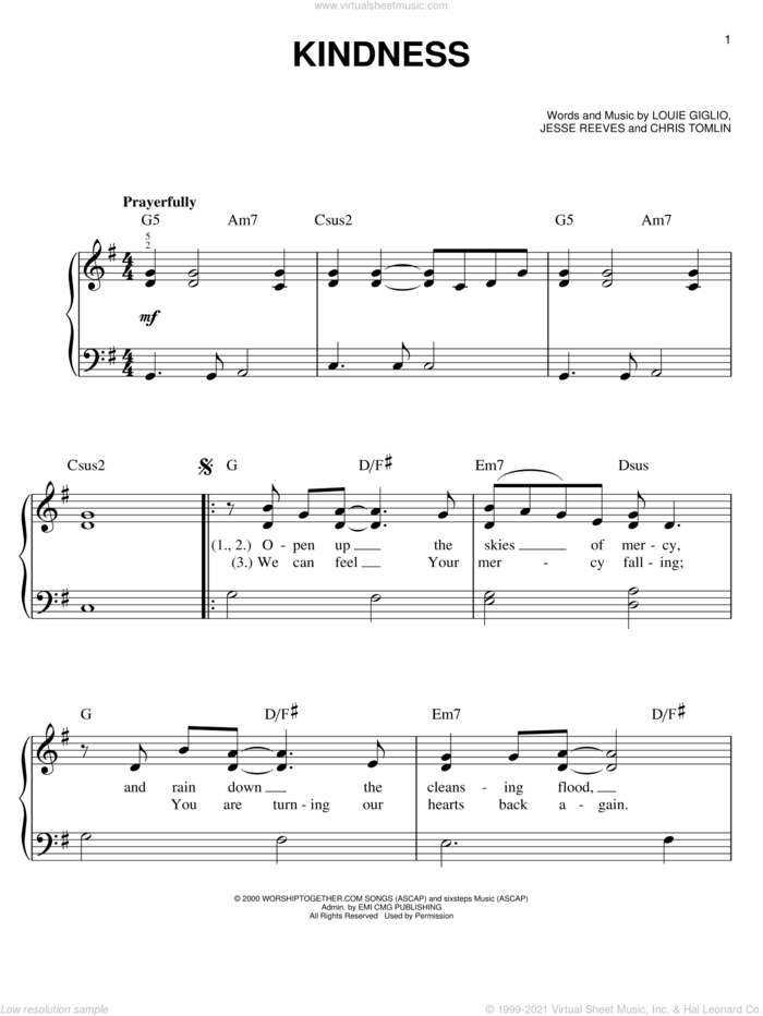 Kindness sheet music for piano solo by Chris Tomlin, Jesse Reeves and Louie Giglio, easy skill level