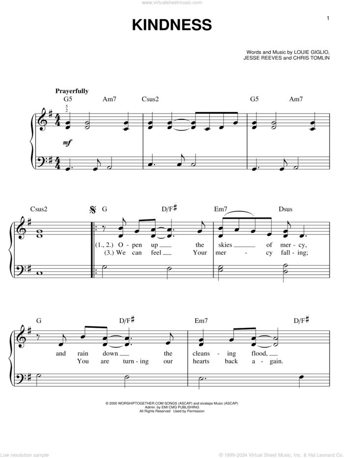 Kindness sheet music for piano solo by Chris Tomlin, Jesse Reeves and Louie Giglio, easy skill level