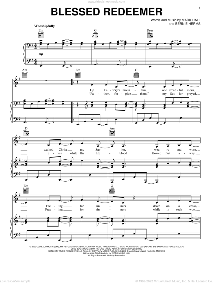 Blessed Redeemer sheet music for voice, piano or guitar by Casting Crowns, Bernie Herms and Mark Hall, intermediate skill level