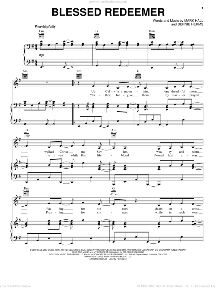 Blessed Redeemer sheet music for voice, piano or guitar by Casting Crowns, Bernie Herms and Mark Hall, intermediate skill level