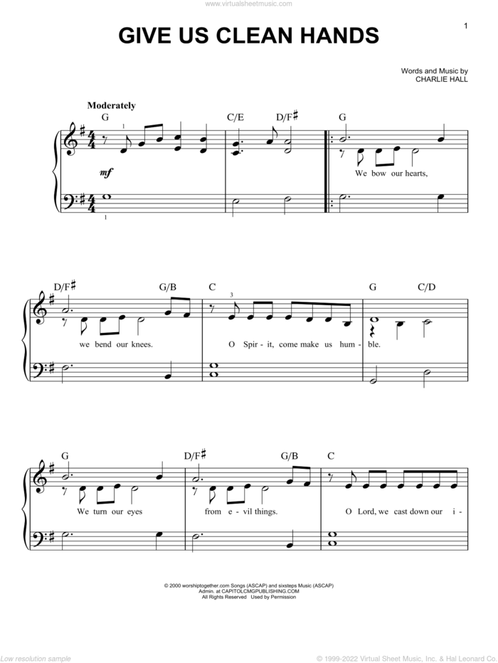 Give Us Clean Hands sheet music for piano solo by Chris Tomlin and Charlie Hall, easy skill level