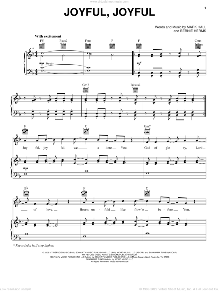 Joyful, Joyful sheet music for voice, piano or guitar by Casting Crowns, Bernie Herms and Mark Hall, intermediate skill level