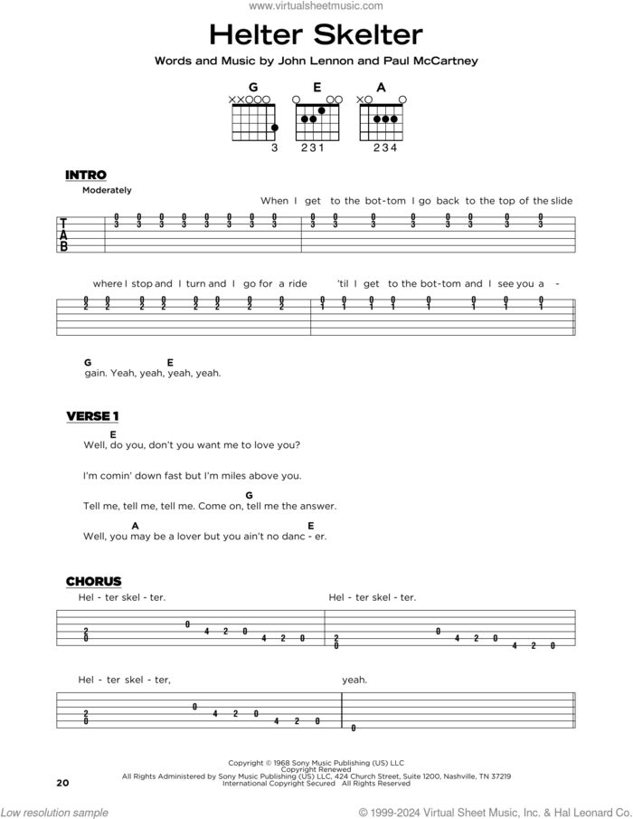 Helter Skelter sheet music for guitar solo by The Beatles, John Lennon and Paul McCartney, beginner skill level
