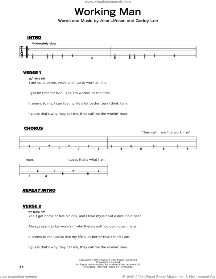 Working Man sheet music for guitar solo by Rush, Alex Lifeson and Geddy Lee, beginner skill level