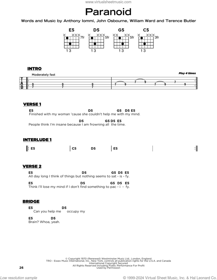Paranoid sheet music for guitar solo by Black Sabbath, Anthony Iommi, John Osbourne, Terence Butler and William Ward, beginner skill level