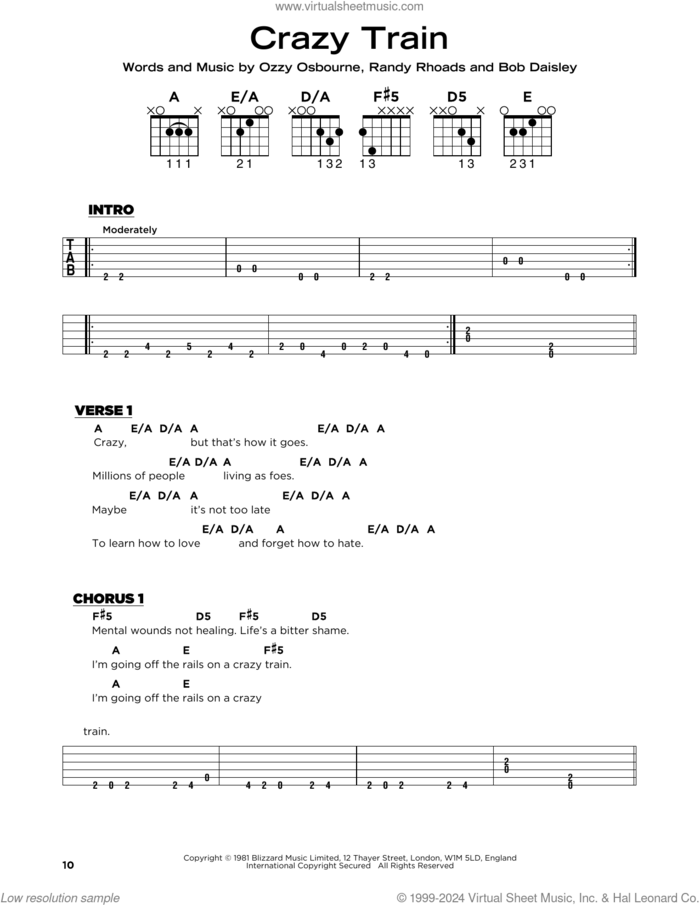 Crazy Train sheet music for guitar solo by Ozzy Osbourne, Bob Daisley and Randy Rhoads, beginner skill level