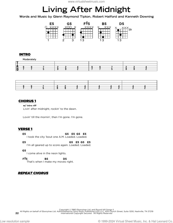 Living After Midnight sheet music for guitar solo by Judas Priest, Glenn Raymond Tipton, Kenneth Downing and Rob Halford, beginner skill level