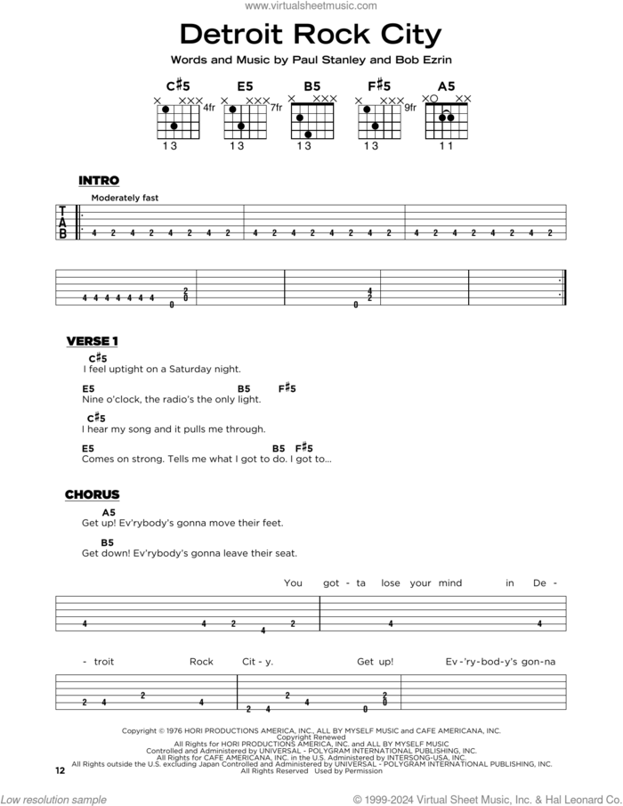 Detroit Rock City sheet music for guitar solo by KISS, Bob Ezrin and Paul Stanley, beginner skill level